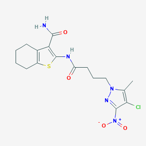 molecular formula C17H20ClN5O4S B318394 2-{[4-(4-chloro-5-methyl-3-nitro-1H-pyrazol-1-yl)butanoyl]amino}-4,5,6,7-tetrahydro-1-benzothiophene-3-carboxamide 