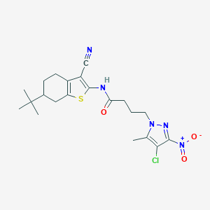 molecular formula C21H26ClN5O3S B318395 N-(6-tert-butyl-3-cyano-4,5,6,7-tetrahydro-1-benzothiophen-2-yl)-4-(4-chloro-5-methyl-3-nitro-1H-pyrazol-1-yl)butanamide 