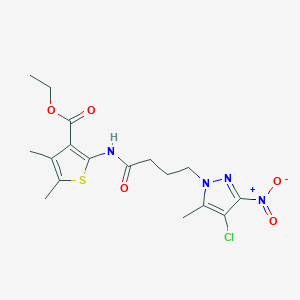 molecular formula C17H21ClN4O5S B318397 ethyl 2-{[4-(4-chloro-5-methyl-3-nitro-1H-pyrazol-1-yl)butanoyl]amino}-4,5-dimethylthiophene-3-carboxylate 