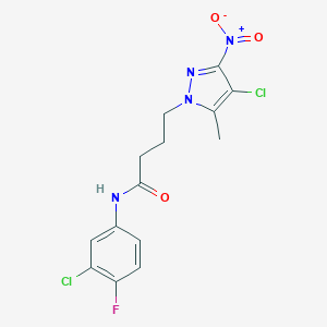 molecular formula C14H13Cl2FN4O3 B318405 N-(3-chloro-4-fluorophenyl)-4-(4-chloro-5-methyl-3-nitro-1H-pyrazol-1-yl)butanamide 