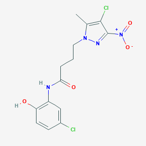 molecular formula C14H14Cl2N4O4 B318406 N-(5-chloro-2-hydroxyphenyl)-4-(4-chloro-5-methyl-3-nitro-1H-pyrazol-1-yl)butanamide 