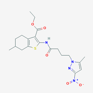 molecular formula C20H26N4O5S B318411 ethyl 2-[(4-{3-nitro-5-methyl-1H-pyrazol-1-yl}butanoyl)amino]-6-methyl-4,5,6,7-tetrahydro-1-benzothiophene-3-carboxylate 
