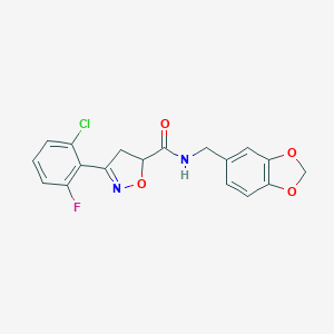 molecular formula C18H14ClFN2O4 B318415 N-(1,3-benzodioxol-5-ylmethyl)-3-(2-chloro-6-fluorophenyl)-4,5-dihydro-1,2-oxazole-5-carboxamide 