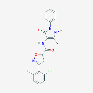 molecular formula C21H18ClFN4O3 B318427 3-(2-chloro-6-fluorophenyl)-N-(1,5-dimethyl-3-oxo-2-phenyl-2,3-dihydro-1H-pyrazol-4-yl)-4,5-dihydro-5-isoxazolecarboxamide 