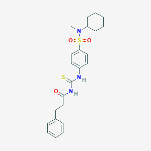 molecular formula C23H29N3O3S2 B318760 N-({4-[cyclohexyl(methyl)sulfamoyl]phenyl}carbamothioyl)-3-phenylpropanamide 