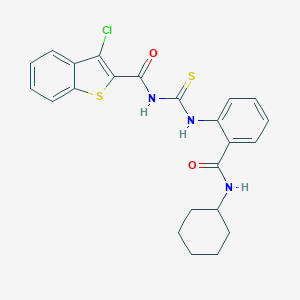 molecular formula C23H22ClN3O2S2 B319110 3-chloro-N-{[2-(cyclohexylcarbamoyl)phenyl]carbamothioyl}-1-benzothiophene-2-carboxamide 
