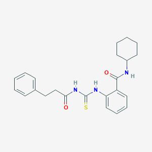 molecular formula C23H27N3O2S B319114 N-cyclohexyl-2-{[(3-phenylpropanoyl)carbamothioyl]amino}benzamide 