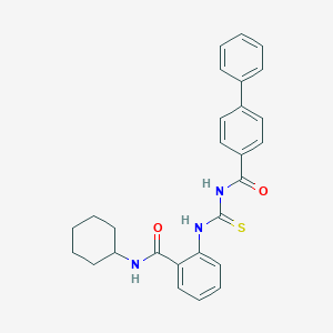 molecular formula C27H27N3O2S B319118 N-{[2-(cyclohexylcarbamoyl)phenyl]carbamothioyl}biphenyl-4-carboxamide 