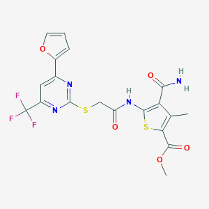 molecular formula C19H15F3N4O5S2 B319623 Methyl 4-(aminocarbonyl)-5-[({[4-(2-furyl)-6-(trifluoromethyl)-2-pyrimidinyl]sulfanyl}acetyl)amino]-3-methyl-2-thiophenecarboxylate 