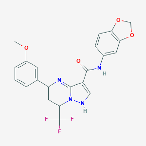 molecular formula C22H19F3N4O4 B319649 N-(1,3-benzodioxol-5-yl)-5-(3-methoxyphenyl)-7-(trifluoromethyl)-1,5,6,7-tetrahydropyrazolo[1,5-a]pyrimidine-3-carboxamide 