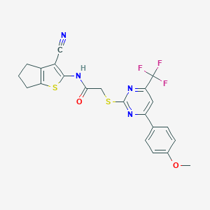 molecular formula C22H17F3N4O2S2 B319655 N-(3-Cyano-5,6-dihydro-4H-cyclopenta[b]thiophen-2-yl)-2-[4-(4-methoxy-phenyl)-6-trifluoromethyl-pyrimidin-2-ylsulfanyl]-acetamide 