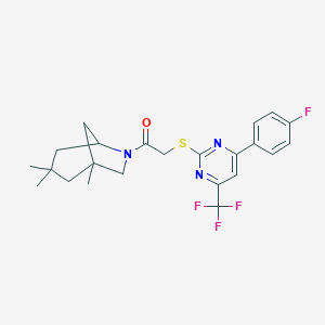 molecular formula C23H25F4N3OS B319663 2-{[4-(4-Fluorophenyl)-6-(trifluoromethyl)pyrimidin-2-yl]sulfanyl}-1-(1,3,3-trimethyl-6-azabicyclo[3.2.1]oct-6-yl)ethanone 