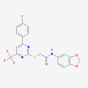 molecular formula C20H13F4N3O3S B319670 N-Benzo[1,3]dioxol-5-yl-2-[4-(4-fluoro-phenyl)-6-trifluoromethyl-pyrimidin-2-ylsulfanyl]-acetamide 