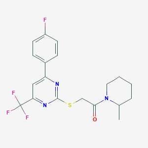 molecular formula C19H19F4N3OS B319673 2-{[4-(4-Fluorophenyl)-6-(trifluoromethyl)pyrimidin-2-yl]sulfanyl}-1-(2-methylpiperidin-1-yl)ethanone 