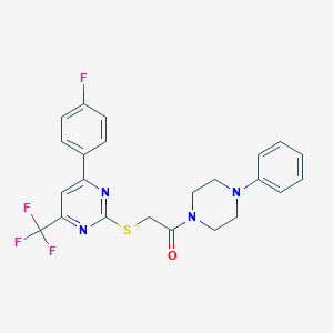 molecular formula C23H20F4N4OS B319677 4-(4-Fluorophenyl)-2-{[2-oxo-2-(4-phenyl-1-piperazinyl)ethyl]sulfanyl}-6-(trifluoromethyl)pyrimidine 