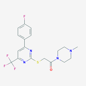 molecular formula C18H18F4N4OS B319681 2-{[4-(4-Fluorophenyl)-6-(trifluoromethyl)pyrimidin-2-yl]sulfanyl}-1-(4-methylpiperazin-1-yl)ethanone 