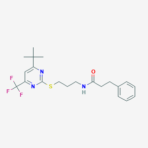 N-(3-{[4-tert-butyl-6-(trifluoromethyl)-2-pyrimidinyl]sulfanyl}propyl)-3-phenylpropanamide