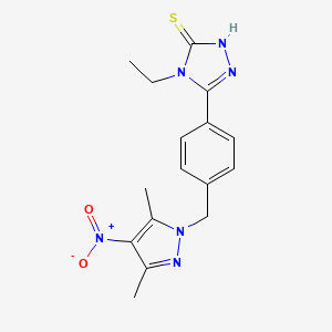 molecular formula C16H18N6O2S B3196950 5-[4-(3,5-Dimethyl-4-nitro-pyrazol-1-ylmethyl)-phenyl]-4-ethyl-4H-[1,2,4]triazole-3-thiol CAS No. 1001756-34-8