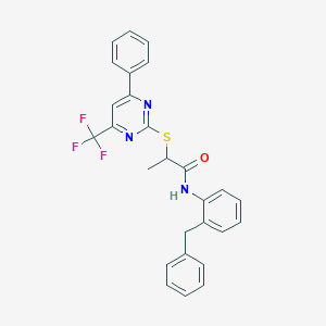 molecular formula C27H22F3N3OS B319696 N-(2-benzylphenyl)-2-{[4-phenyl-6-(trifluoromethyl)-2-pyrimidinyl]sulfanyl}propanamide 