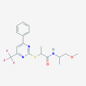 molecular formula C18H20F3N3O2S B319698 N-(1-methoxypropan-2-yl)-2-{[4-phenyl-6-(trifluoromethyl)pyrimidin-2-yl]sulfanyl}propanamide 