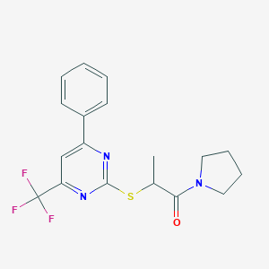 molecular formula C18H18F3N3OS B319705 2-[4-Phenyl-6-(trifluoromethyl)pyrimidin-2-yl]sulfanyl-1-pyrrolidin-1-ylpropan-1-one 