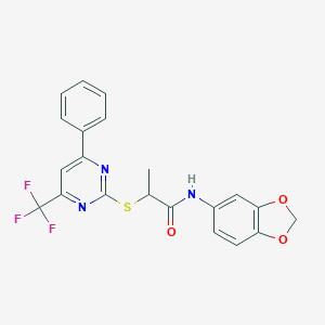molecular formula C21H16F3N3O3S B319713 N-Benzo[1,3]dioxol-5-yl-2-(4-phenyl-6-trifluoromethyl-pyrimidin-2-ylsulfanyl)-propionamide 