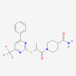 1-(2-{[4-Phenyl-6-(trifluoromethyl)-2-pyrimidinyl]sulfanyl}propanoyl)-4-piperidinecarboxamide