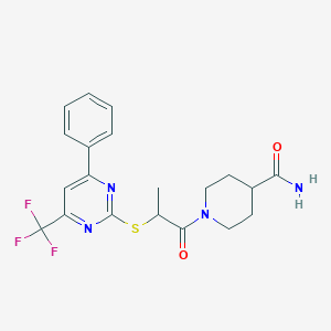 molecular formula C20H21F3N4O2S B319719 1-(2-{[4-Phenyl-6-(trifluoromethyl)-2-pyrimidinyl]sulfanyl}propanoyl)-4-piperidinecarboxamide 