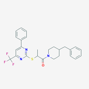 molecular formula C26H26F3N3OS B319722 1-(4-Benzylpiperidin-1-yl)-2-{[4-phenyl-6-(trifluoromethyl)pyrimidin-2-yl]sulfanyl}propan-1-one 