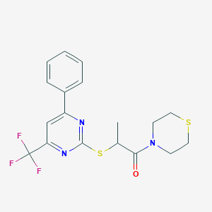 molecular formula C18H18F3N3OS2 B319723 1-Methyl-2-oxo-2-(4-thiomorpholinyl)ethyl 4-phenyl-6-(trifluoromethyl)-2-pyrimidinyl sulfide 