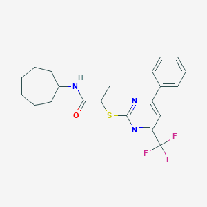 molecular formula C21H24F3N3OS B319725 N-cycloheptyl-2-{[4-phenyl-6-(trifluoromethyl)-2-pyrimidinyl]sulfanyl}propanamide 