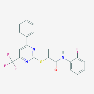 molecular formula C20H15F4N3OS B319728 N-(2-fluorophenyl)-2-{[4-phenyl-6-(trifluoromethyl)-2-pyrimidinyl]sulfanyl}propanamide 