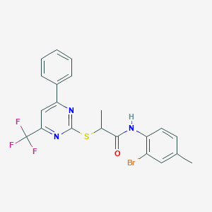 molecular formula C21H17BrF3N3OS B319729 N-(2-bromo-4-methylphenyl)-2-{[4-phenyl-6-(trifluoromethyl)-2-pyrimidinyl]sulfanyl}propanamide 