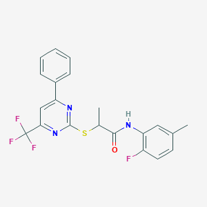 molecular formula C21H17F4N3OS B319730 N-(2-fluoro-5-methylphenyl)-2-{[4-phenyl-6-(trifluoromethyl)-2-pyrimidinyl]sulfanyl}propanamide 