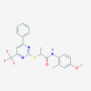 molecular formula C22H20F3N3O2S B319734 N-(4-methoxy-2-methylphenyl)-2-{[4-phenyl-6-(trifluoromethyl)-2-pyrimidinyl]sulfanyl}propanamide 