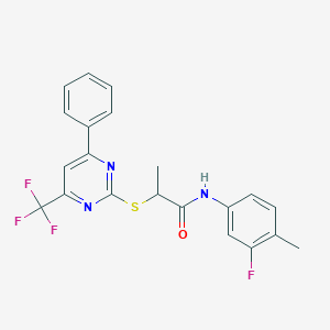 molecular formula C21H17F4N3OS B319737 N-(3-fluoro-4-methylphenyl)-2-{[4-phenyl-6-(trifluoromethyl)-2-pyrimidinyl]sulfanyl}propanamide 