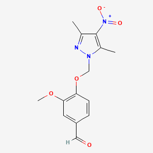 molecular formula C14H15N3O5 B3197453 4-((3,5-Dimethyl-4-nitro-1H-pyrazol-1-yl)methoxy)-3-methoxybenzaldehyde CAS No. 1005612-25-8
