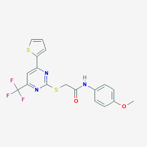 molecular formula C18H14F3N3O2S2 B319749 N-(4-methoxyphenyl)-2-{[4-(2-thienyl)-6-(trifluoromethyl)-2-pyrimidinyl]sulfanyl}acetamide 