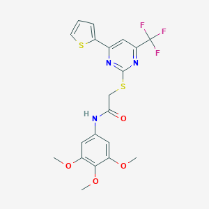 molecular formula C20H18F3N3O4S2 B319750 2-{[4-(2-thienyl)-6-(trifluoromethyl)-2-pyrimidinyl]sulfanyl}-N-(3,4,5-trimethoxyphenyl)acetamide 