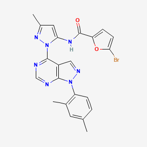 molecular formula C22H18BrN7O2 B3197520 5-bromo-N-{1-[1-(2,4-dimethylphenyl)-1H-pyrazolo[3,4-d]pyrimidin-4-yl]-3-methyl-1H-pyrazol-5-yl}furan-2-carboxamide CAS No. 1006276-89-6