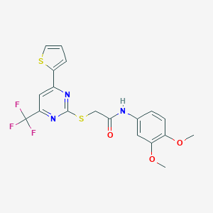 molecular formula C19H16F3N3O3S2 B319753 N-(3,4-dimethoxyphenyl)-2-{[4-(2-thienyl)-6-(trifluoromethyl)-2-pyrimidinyl]sulfanyl}acetamide 