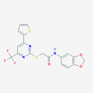 molecular formula C18H12F3N3O3S2 B319754 N-(1,3-benzodioxol-5-yl)-2-{[4-(2-thienyl)-6-(trifluoromethyl)-2-pyrimidinyl]sulfanyl}acetamide 