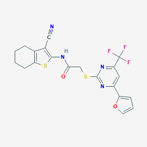 molecular formula C20H15F3N4O2S2 B319757 N-(3-cyano-4,5,6,7-tetrahydro-1-benzothien-2-yl)-2-{[4-(2-furyl)-6-(trifluoromethyl)-2-pyrimidinyl]thio}acetamide 