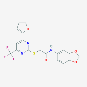 molecular formula C18H12F3N3O4S B319762 N-Benzo[1,3]dioxol-5-yl-2-(4-furan-2-yl-6-trifluoromethyl-pyrimidin-2-ylsulfanyl)-acetamide 