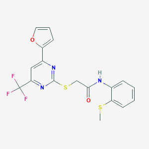 molecular formula C18H14F3N3O2S2 B319764 2-{[4-(2-furyl)-6-(trifluoromethyl)-2-pyrimidinyl]sulfanyl}-N-[2-(methylsulfanyl)phenyl]acetamide 