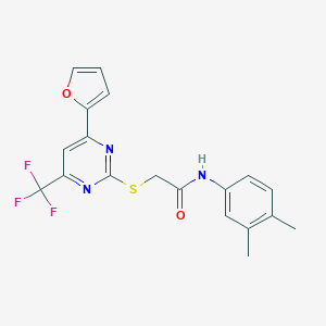 molecular formula C19H16F3N3O2S B319769 N-(3,4-Dimethyl-phenyl)-2-(4-furan-2-yl-6-trifluoromethyl-pyrimidin-2-ylsulfanyl)-acetamide 