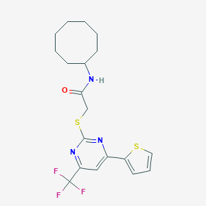 molecular formula C19H22F3N3OS2 B319774 N-cyclooctyl-2-{[4-(2-thienyl)-6-(trifluoromethyl)-2-pyrimidinyl]sulfanyl}acetamide 