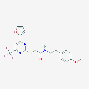 molecular formula C20H18F3N3O3S B319783 2-(4-Furan-2-yl-6-trifluoromethyl-pyrimidin-2-ylsulfanyl)-N-[2-(4-methoxy-phenyl)-ethyl]-acetamide 