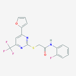 molecular formula C17H11F4N3O2S B319784 N-(2-fluorophenyl)-2-{[4-(2-furyl)-6-(trifluoromethyl)-2-pyrimidinyl]sulfanyl}acetamide 