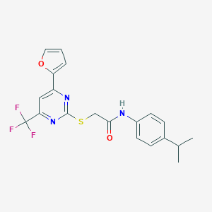 molecular formula C20H18F3N3O2S B319785 2-{[4-(2-furyl)-6-(trifluoromethyl)-2-pyrimidinyl]sulfanyl}-N-(4-isopropylphenyl)acetamide 